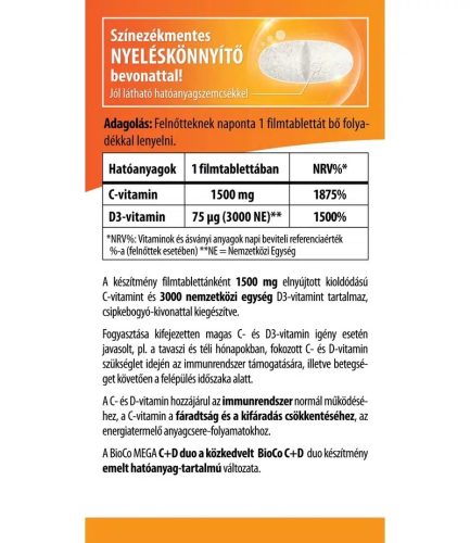 BioCo MEGA C+D duo C-vitamin 1500mg + D3-vitamin 3000NE RETARD filmtabletta - 100db